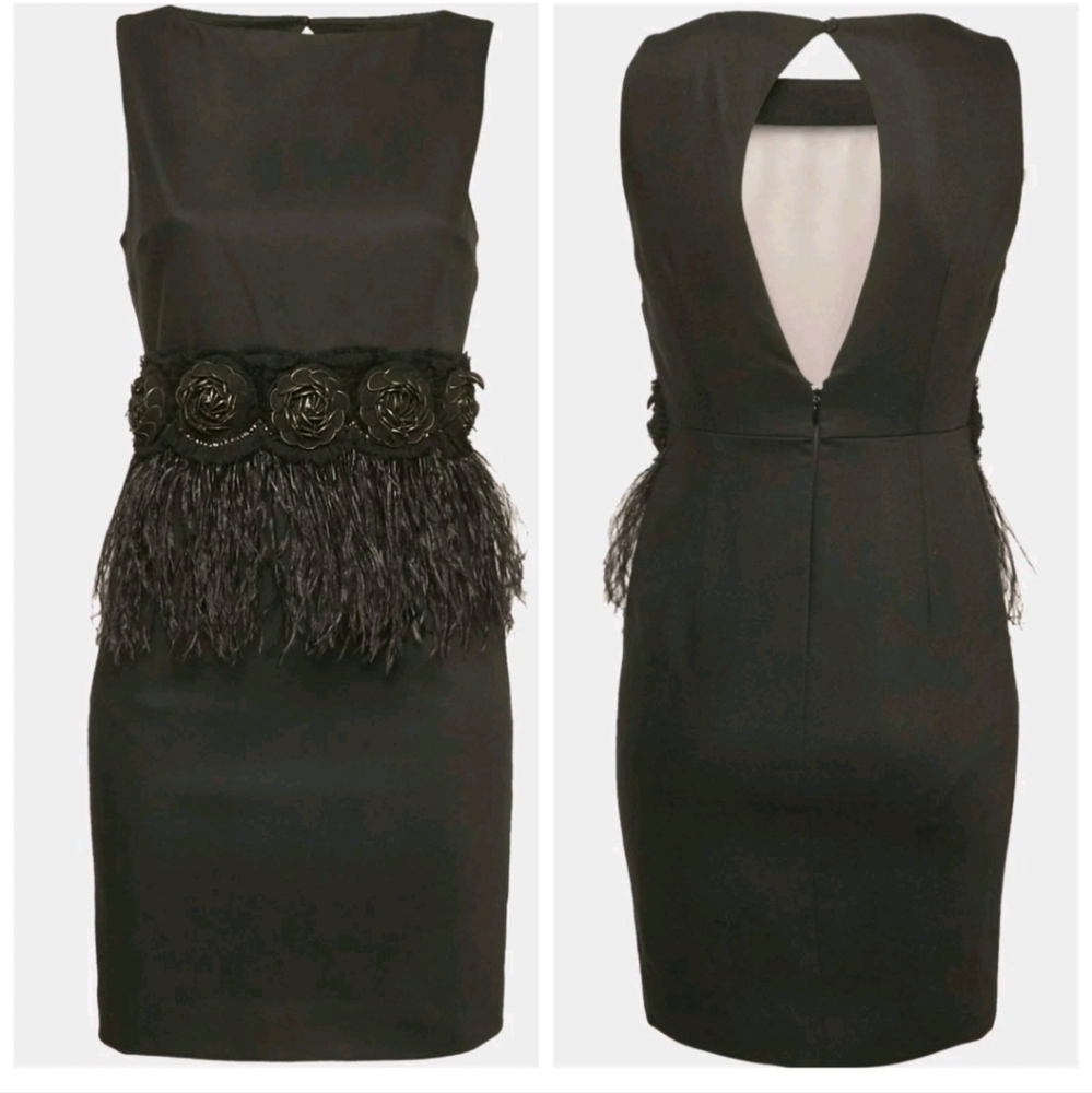 Alice +  Olivia Black Feather Trim Crepe Marigay Rosette Dress Size 6